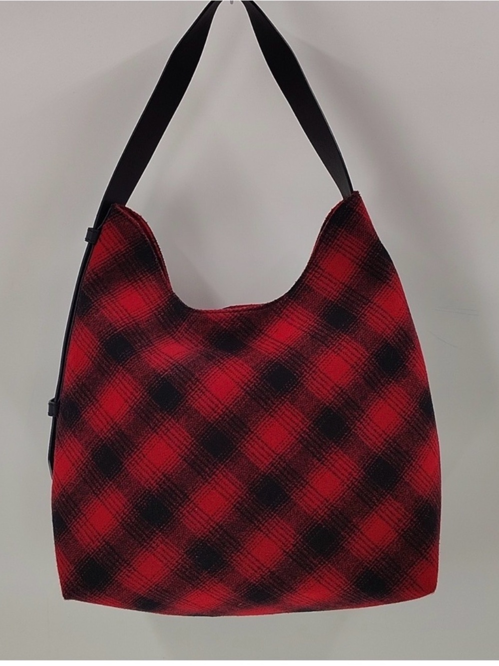 Large J Jill Wool Red and Black Plaid Hobo Bag with Leather Strap NWT